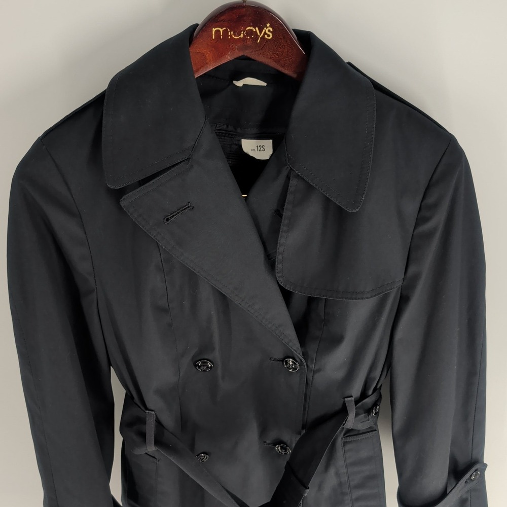 Vintage Retro Double Breasted Notched Lapel Collar Trench Coat Black Size 12 S‎ - Picture 3 of 11